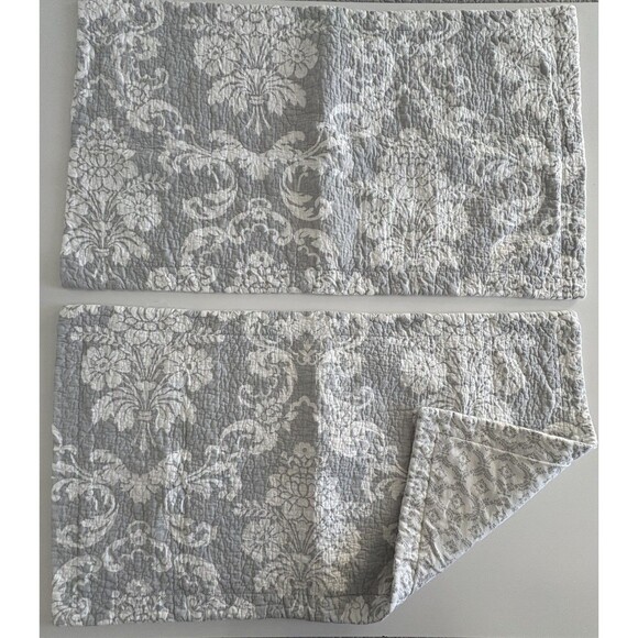 Laura Ashley Quilted King Pillow Shams Pair Gray White Floral Reversible - Picture 6 of 12